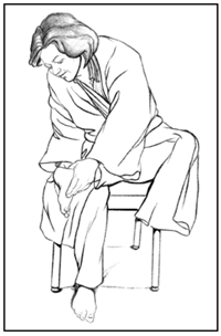 Drawing of a woman dressed in a bathrobe who is sitting in a chair and checking the bottom of her left foot.