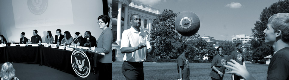 Photo of the 2012 PCFSN Annual Council member meeting and a photo of Grant Hill playing ball with kids on the front lawn of the White House