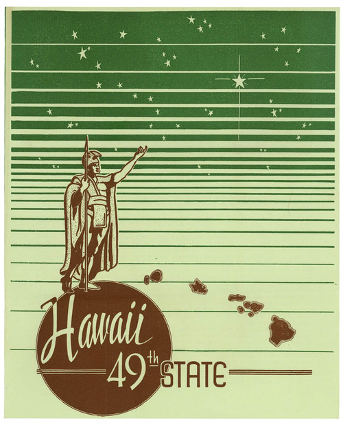 Image description: Happy Birthday Hawaii! The Presidential Libraries shares this about Hawaii&#8217;s history:

On August 21, 1959, Hawaii became the 50th state to join the United States of America. Hawaii’s journey to becoming a state had started five months prior when President Dwight D. Eisenhower signed the Hawaii Admission Act on March 18, 1959.
This cover is from a brochure compiled by the Associated Students of the University of Hawaii that outlines student support for Hawaiian statehood. It features reasons for statehood from students, staff, and a number of American public figures. It was included as part of a statehood petition sent by University of Hawaii students to Representative Hugh Peterson (D-GA), then chairman of the House Committee on Territories.
The brochure is titled “Hawaii: 49th State” because Alaska had not yet entered the union.
RG 233, Records of the U.S. House of Representatives
-From the Eisenhower Library
