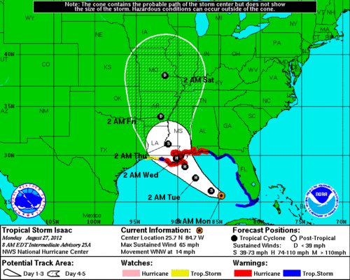 Image description: This map, from 8 a.m. Monday, Aug 27, shows the projected path of Tropical Storm Isaac and the coastal areas under a hurricane warning (red), hurricane watch (pink), tropical storm warning (blue) and tropical storm watch (yellow). The orange circle indicates the current position of the center of the tropical cyclone.
According to the National Hurricane Center, the following storm watches and warnings are in effect in Louisiana and Florida:
A hurricane warning is in effect for:
East of Morgan City, Louisiana to Destin, Florida including metropolitan New Orleans, Lake Pontchartrain and Lake Maurepas
A hurricane watch is in effect for:
Intracoastal City to Morgan City, Louisiana
A tropical storm warning is in effect for:
The Florida Peninsula from Ocean Reef southward on the East Coast and from Tarpon Springs southward on the West Coast
Florida Keys, including the Dry Tortugas and Florida Bay
East of Destin, Florida to the Suwannee River
Intracoastal City to Morgan City, Louisiana
A tropical storm watch is in effect for
East of Sabine Pass to West of Intracoastal City, Louisiana
You can see a list of all areas under current storm watches and warnings from the National Hurricane Center.
Stay up to date on the path of the storm.