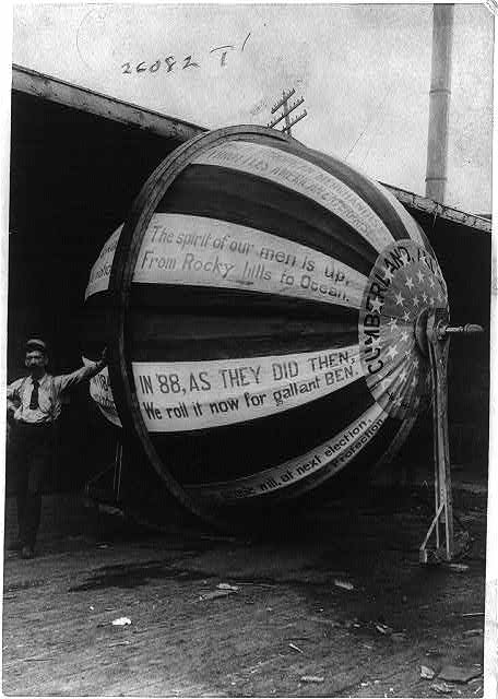 Image description: As a publicity stunt in the 1888 presidential campaign, supporters of Benjamin Harrison rolled a huge ball covered with campaign slogans halfway across the country. The ball was a replica of one built for Harrison’s grandfather, William Henry Harrison, for his 1840 presidential campaign. The gimmick gave rise to the phrase, “Keep the ball rolling.” Learn more about this historical event.
Photo from the Prints and Photographs Division, Library of Congress