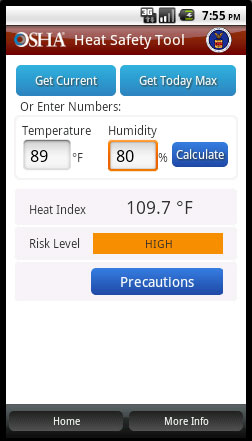 OSHA Heat Safety Tool Screen Capture - OSHA Heat Safety Tool Banner - Get Current button - Get Today Max button - Or Enter Numbers (includes two cells to enter in current temperature in degrees Fahrenheit and the humidity) - Calculate button - Heat Index results in degrees Fahrenheit - Risk Level - Precautions button