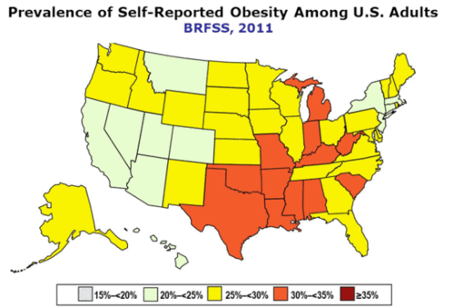 Image description: Prevalence of Self-Reported Obesity Among U.S. Adults in 2011. The South has the highest prevalence of obesity (29.5%), followed by the Midwest (29.0%), the Northeast (25.3%) and the West (24.3%).
Obesity is common, serious and costly. More than one-third of U.S. adults (35.7%) are obese. If you want to lose weight, learn how to make a plan to make it happen with these tips from the Centers for Disease Control and Prevention (CDC)