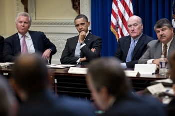 President Barack Obama meets with the members of the President’s Council on Jobs and Competitiveness in the Eisenhower Executive Office Building, Feb. 24, 2011. From left are; General Electric CEO Jeffrey Immelt, chair of the Council on Jobs and Competitiveness; President Obama; Chief of Staff Bill Daley; and AFL-CIO President Richard Trumka. (Official White House Photo by Pete Souza)