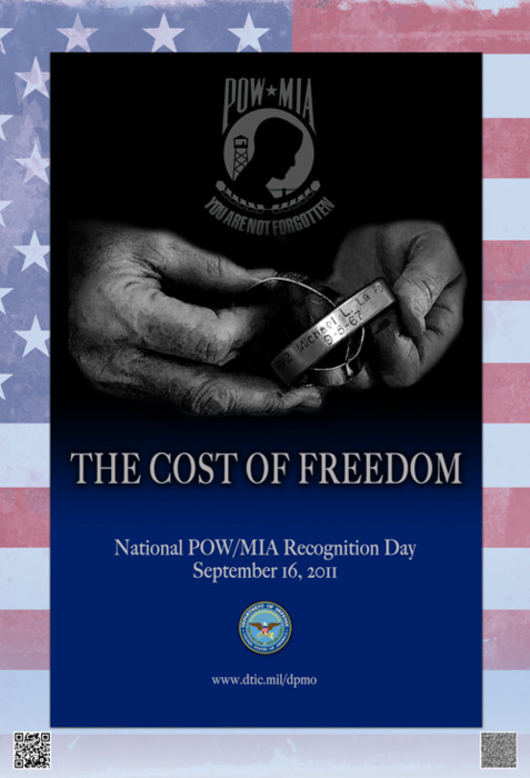 Image description: Today is National POW/MIA Recognition Day, a day that honors the men and women who have sacrificed so much for their country. This observance is one of six days throughout the year that Congress mandates the flying of the National League of Families&#8217; POW/MIA flag. The flag is to be flown at major military installations, national                          cemeteries, post offices, war memorials and the White House.
Photo courtesy of the Defense Prisoner of War/Missing Personnel Office