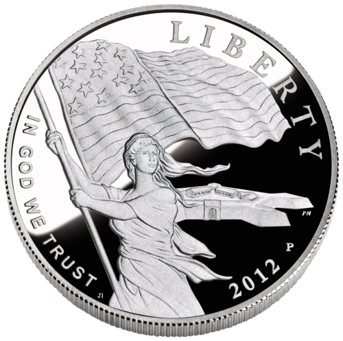 Silver 2012 Star-Spangled Banner Commemorative Coin - Depicts Lady Liberty waving the 15-star, 15-stripe Star-Spangled Banner flag with Fort McHenry in the background. Inscriptions are LIBERTY, IN GOD WE TRUST and 1812 – 2012.