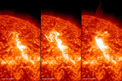 Image description: These images show a solar flare as observed on January 23. You can see the sun&#8217;s surface brighten as gas was superheated and magnetically supercharged. In the far right image, there is a stream of solar material flowing into space, likely solar protons and a coronal mass ejection.
Solar flares and coronal mass ejections are not a danger to humans on Earth. The planet&#8217;s magnetic field and atmosphere deflect and absorb the energy. Sun storms can pose some risks to astronauts, and upset science, military, and communications satellites. 
Learn more about the recent sun flares.
Images courtesy of NASA&#8217;s Solar Dynamics Observatory