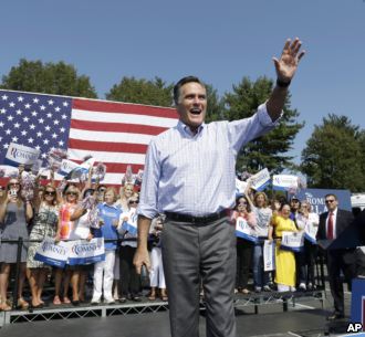 Republican presidential candidate and former Massachusetts Gov. Mitt Romney campaigns at Van Dyck park in Fairfax, Va., Sept. 13, 2012. 