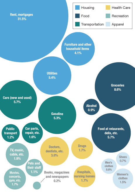 Image description: This infographic shows a breakdown of what the average American household buys, based on data from the Bureau of Labor Statistics for December 2011.
Housing costs made up 41 percent of spending, with food, healthcare and transportation costs also accounting for a large portion of spending.
Clothes and entertainment made up the smallest percentage of overall spending.
Infographic from Lam Thuy Vo / Planet Money