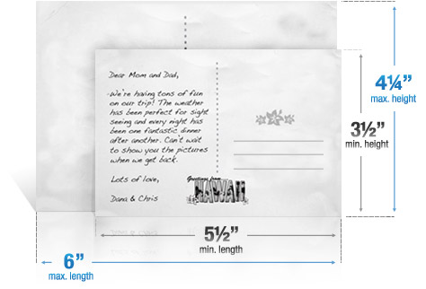 Two postcards are shown representing the largest and smallest a postcard can be. The max/min width and height indicated on the postcards are shown below.