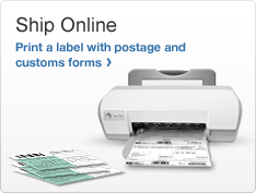 Ship Online.  Print a label with postage and customs forms photo of computer printer with shipping label and customs forms
