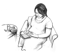 Drawing of a pregnant woman sitting and recording her blood glucose level in a record book. A blood glucose meter and a bottle of medicine are on the table.