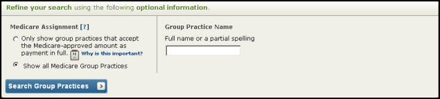 Screenshot of optional group practice search criteria