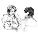 Drawing of a female doctor talking with a female patient. They are sitting across from each other at a table.