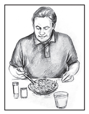 Drawing of a man sitting at a table, scooping his fork into a plate of food in front of him. Two pill bottles and a glass of liquid are also on the table.