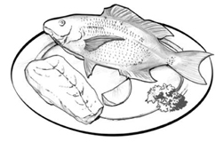 Ilustración de una carne de ave y un pescado cocido en un plato. Una pizca de perejil decora el pescado.
