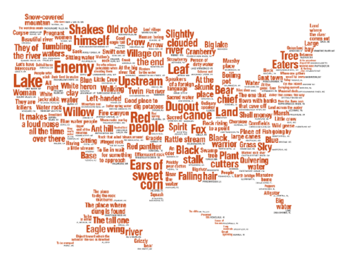 Map of the United States made up of Native American place names translated into English.