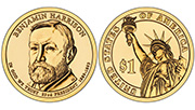 Obverse and reverse of the 2012 Benjamin Harrison Presidential $1 Coin