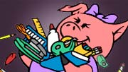 Image shows Plinky the Mint Pig carrying school supplies