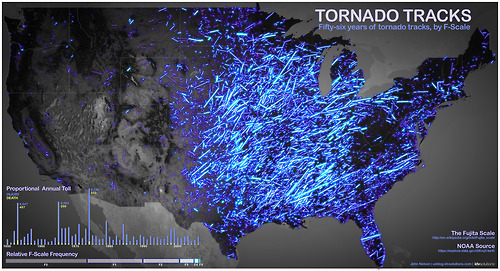 Image description: This map shows tornado tracks from 1950 to 2006. Stronger tornadoes appear as brighter lines.
The map was created by John Nelson of IDV Solutions using data that&#8217;s available on Data.gov. Learn more about the map.