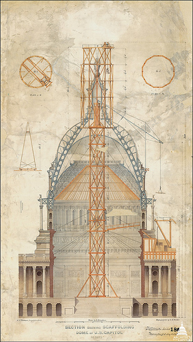 Image description: This drawing from 1863 shows the original scaffolding plans to get the the Statue of Freedom to the top of the Capitol dome.
Image from the Architect of the Capitol