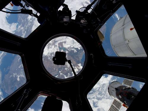 Image description: This photograph, centered over Turkey, was taken through the Cupola on the International Space Station by one of the Expedition 30 crew members. The Egirdir Golu lake is just above the bracket in the center. A Russian Soyuz spacecraft is docked to the station at lower right and part of the Permanent Multipurpose Module can be seen just above it.
Photo by NASA