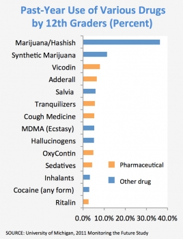 Past-Year Use of Various Drugs by 12th Graders (Percent) - SOURCE: University of Michigan, 2011 Monitoring the Future Study