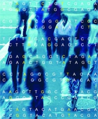 Illustration of a group of people with DNA sequence superimposed