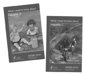 Photographs of the covers of the National Digestive Diseases Information Clearinghouse booklets “What I need to know about Hepatitis A” and “What I need to know about Hepatitis C.”