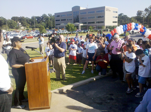 Regina Benjamin, U.S. Surgeon General, speaks at a fitness walk in Mobile, AL.