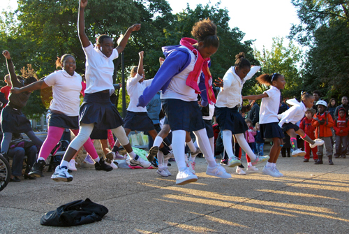 Maury Elementary School cheerleaders participate in International Walk to School Day activities in Washington, DC