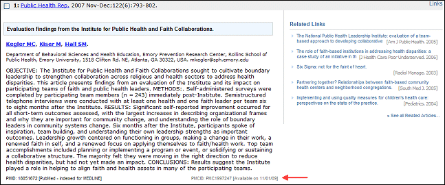 Screen capture of PubMed AbstractPlus format showing PMCID.