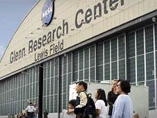 people visiting NASA GRC in front of hangar