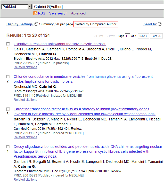 Screen capture of PubMed author search results sorted by computed author