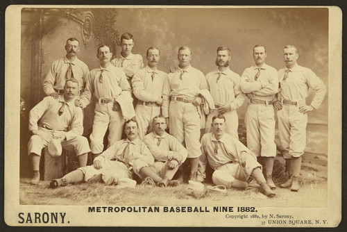 Image description: The 1882 New York Metropolitans baseball team poses  for a studio portrait in their white uniforms with neckties.
Find more historic photos, baseball cards, and other resources about baseball from the Library of Congress.