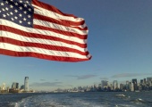 USA Flag flaying on ship in New York Harbor