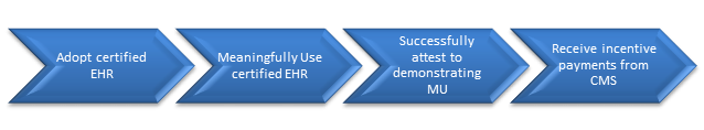 Eligible Professionals (EPs) and Eligible Hospitals (EHs) first adopt certified EHR. Then, EPs and EHs Meaningfully Use certified EHR and successfully attest to demonstrating MU. Once an EP or EH successfully attests, they receive incentive payments from CMS.