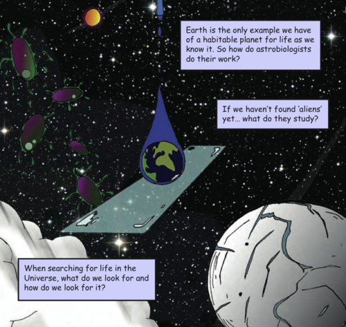 NASA&#8217;s Astrobiology Program has released a graphic novel. From their site:
Through fantastic original artwork and a compelling storyline, the novel chronicles the origin and evolution of astrobiology itself – tracing its roots from early cave paintings, through speculations of ancient Greek philosophers on the existence of other worlds, to contributions from more modern scientists such as Huygens, Galileo, Oparin, Haldane, Miller, Urey, Franklin, Watson, Crick, and Sagan.
Want to learn more about astrobiology? Download a pdf of the comic or send an email to daniella.m.scalice [at] nasa.gov to get a physical copy.
