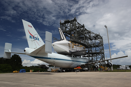 Space shuttle Endeavour is attached to the Shuttle Carrier Aircraft, or SCA.