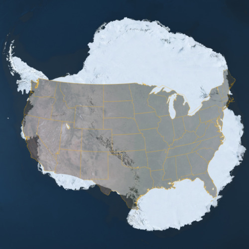 Antarctica is the highest, driest, coldest, windiest and brightest of the seven continents. It is roughly the size of the United States and Mexico combined and is almost completely covered by a layer of ice that averages more than one mile in thickness, but is nearly three miles thick in places. This ice accumulated over millions of years through snowfall. Presently, the Antarctic ice sheet contains 90% of the ice on Earth and would raise sea levels worldwide by over 200 feet were it to melt.
Learn more about Antarctica from the Landsat Image Mosaic of Antarctica (LIMA), &#8220;the first-ever true-color high-resolution satellite view of the Antarctic continent enabling everyone to see Antarctica as it appears in real life.&#8221;
Image description: An composite image comparing the geographic sizes of Antarctica and the United States.