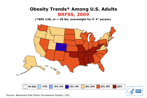 From the Centers for Disease Control and Prevention&#8217;s (CDC) page about obesity trends in the United States:

Obesity is defined as a body mass index (BMI) of 30 or greater. BMI is calculated from a person&#8217;s weight and height and provides a reasonable indicator of body fatness and weight categories that may lead to health problems. Obesity is a major risk factor for cardiovascular disease, certain types of cancer, and type 2 diabetes.
During the past 20 years there has been a dramatic increase in obesity in the United States. In 2009, only Colorado and the District of Columbia had a prevalence of obesity less than 20%.

Learn how to maintain a healthy weight with these resources from the CDC.