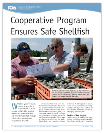 PDF of this article including a photo of an FDA shellfish specialists and NJ inspector on a dock with baskets of clams reading a map of the clam harvesting waters.