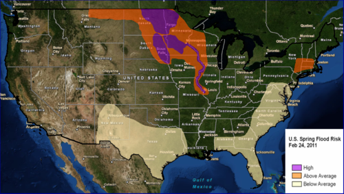 Map of the United States, highlighting areas with a high flood risk according to the National Weather Service