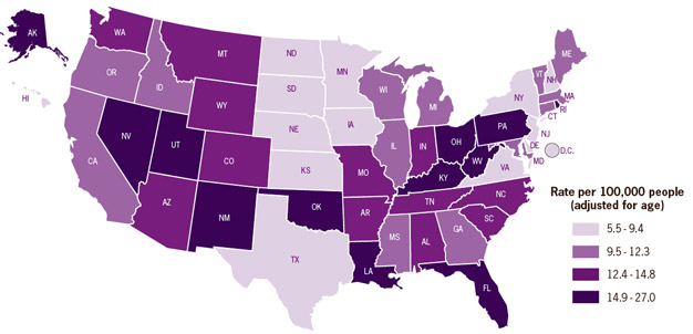 Map: Drug overdose death rates by state per 100,000 people (2008) 