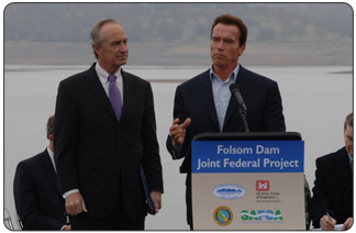 Secretary Kempthorne and California Governor Arnold Schwarzenegger at the scenic Folsom Dam Overlook in Folsom, Calif. for the historic groundbreaking ceremony to launch construction of the Folsom Dam Joint Federal Project. 

[Photo Credit: Tami Heilemann] 