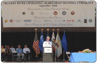 Secretary of the Interior Dirk Kempthorne joined U.S. Senator and Majority Leader Harry Reid; Chairman Mervin Wright, Jr. of the Pyramid Lake Paiute Tribe of Indians; and other federal, state and local dignitaries at a signing ceremony on Saturday for the Truckee River Operating Agreement, at Wingfield Park on the river.
