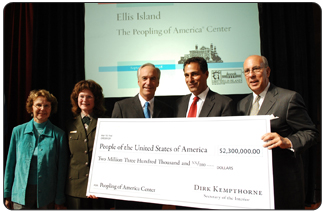 Secretary Kempthorne announces a $2.3 million commitment to The Peopling of America® Center at Ellis Island National Monument.  The Bank of America Charitable Foundation is providing $1.5 million in matching funds, along with a $1 million match by the Annenberg Foundation.  From left, Gillian Norris-Szanto, Senior Program Officer of the Annenberg Foundation; Cynthia Garrett, superintendent, Statue of Liberty & Ellis Island National Monument; Secretary Kempthorne; Andrew D. Plepler, Global Community Impact Executive and President, Bank of America Charitable Foundation and Ellis Island Foundation President and CEO, Stephen A. Briganti.