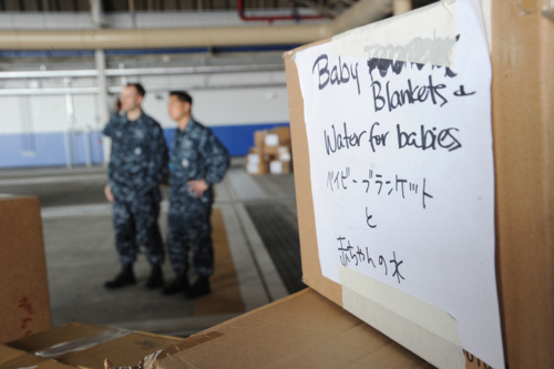 Donated supplies fill a hangar prior to being airlifted to areas in Japan affected by the recent 9.0 magnitude earthquake and subsequent tsunami. Atsugi base residents have donated more than 8,000 pounds of items, ranging from food to blankets, since the earthquake to provide disaster relief and humanitarian assistance to Japan as directed in support of Operation Tomodachi. (U.S. Navy photo by Chief Mass Communication Specialist Jonathan Kulp/Released)
See more photos from Operation Tomodachi, the U.S. Navy&#8217;s disaster relief mission following the 2011&#160;Tōhoku earthquake and tsunami. Tomodachi is Japanese for friend.