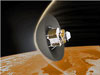 An artist concept of a spacecraft using a regolith heat shield