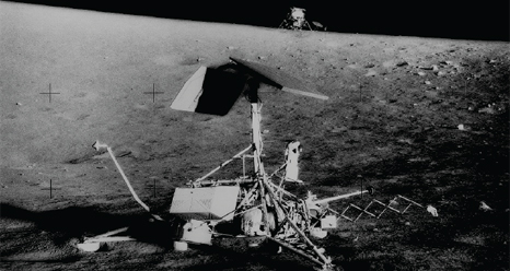 Apollo 12: Surveyor 3 and Intrepid on lunar surface. Photo credit: NASA